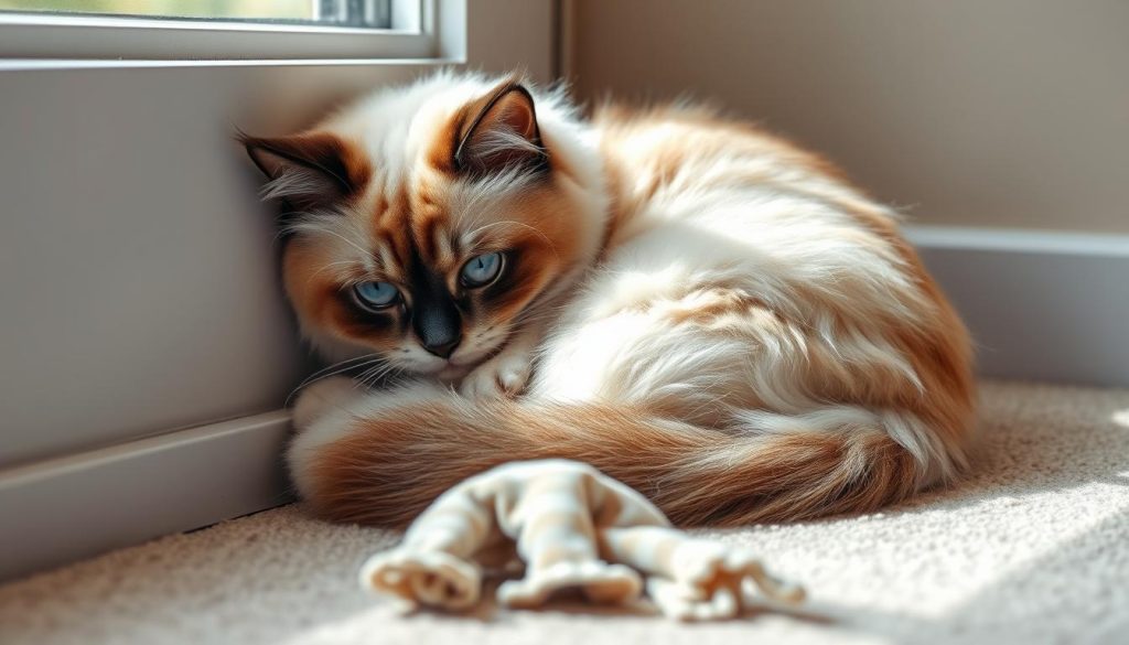 A dejected Ragdoll cat curled up in a corner, its big blue eyes filled with sorrow. Soft natural light filters through a window, casting gentle shadows across the scene. The feline's fluffy white and cream fur appears ruffled, conveying its distress. In the middle ground, a familiar toy or blanket lies abandoned, a symbol of the cat's separation anxiety and longing for its beloved owner. The background is a muted, calming interior, hinting at the cat's usual cozy home environment. The overall mood is one of wistful melancholy, capturing the Ragdoll's emotional vulnerability when left alone.