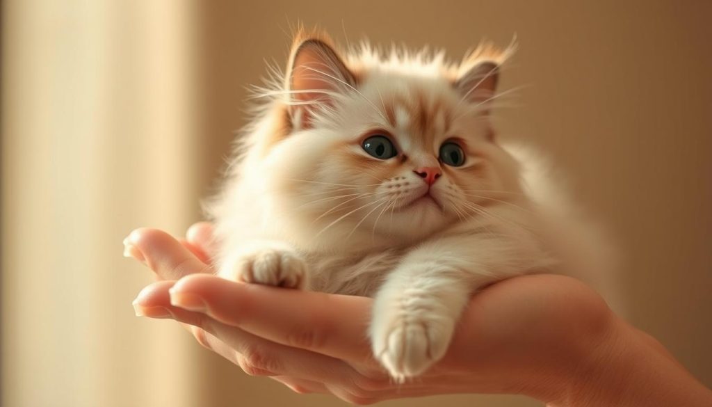 A fluffy, light-colored Ragdoll cat nestled in the palm of a gentle human hand, gazing up with adoring eyes. The cat's soft fur, plump body, and relaxed posture convey a sense of complete trust and contentment. Warm, diffused lighting from the side creates soothing shadows and highlights the cat's delicate features. The background is blurred, keeping the focus on the intimate, affectionate moment between the cat and its caretaker. The serene, tranquil atmosphere evokes a profound sense of emotional well-being and the importance of physical touch in a Ragdoll cat's life.