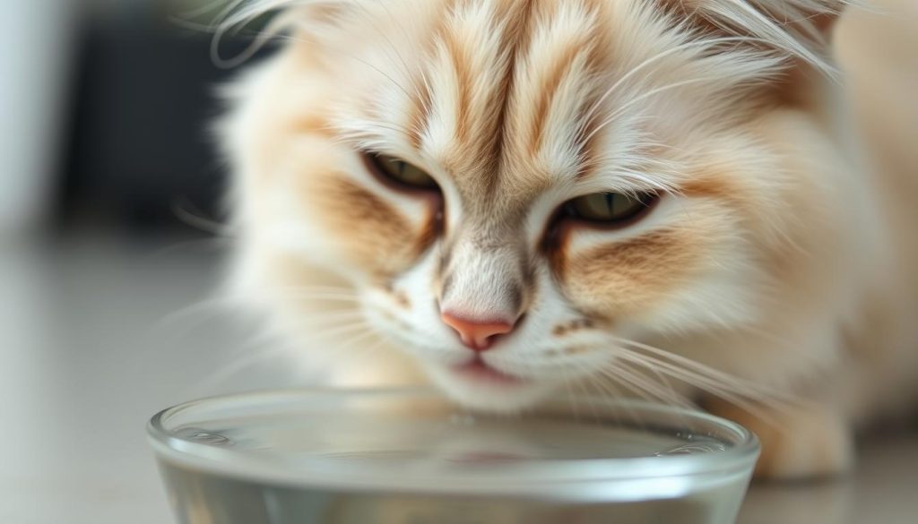 A close-up shot of a Persian cat drinking water from a shallow bowl, its delicate pink nose dipping into the clear liquid. The cat's large, expressive eyes are half-closed in content as it laps up the refreshing hydration. Soft, diffused lighting illuminates the cat's lush, silky fur in shades of cream and silver. The background is blurred, drawing the viewer's attention solely to the cat's careful, deliberate movements. Captured at a low angle, the image conveys the importance of regular hydration for the Persian breed's eye and respiratory health.