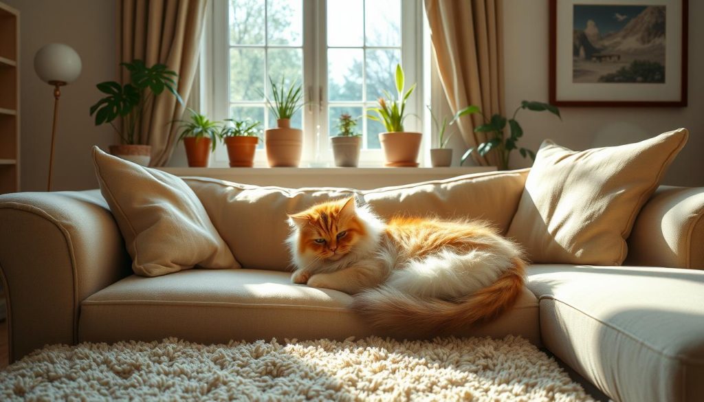 A cozy living room with a plush beige sofa, soft lighting, and a Persian cat curled up contentedly. In the background, a large window lets in natural light, illuminating the room's warm, inviting atmosphere. On the windowsill, potted plants and a small fountain create a soothing, calming ambiance. The floors are covered in a plush, neutral-toned rug, and the walls are adorned with framed artwork in muted, earthy tones. The scene conveys a sense of safety, comfort, and harmony, perfectly capturing the ideal environment for a Persian cat's well-being.