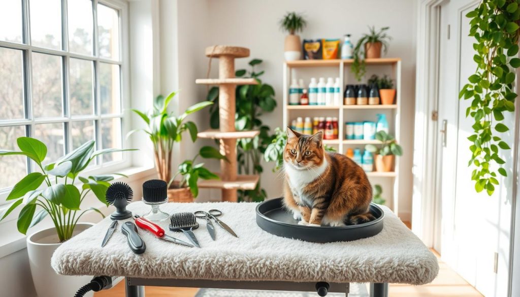 A cozy, well-lit room with a large window, showcasing a comprehensive cat grooming setup. In the foreground, a sturdy grooming table with a soft, plush surface for the cat to comfortably rest on. Nearby, an array of high-quality grooming tools - brushes, combs, and scissors - neatly organized on a tray. The middle ground features a cat tower or perch, allowing the feline to survey the space and feel secure. In the background, shelves displaying an assortment of premium cat shampoos, conditioners, and treats, complemented by lush, verdant houseplants that add a touch of nature. The overall atmosphere radiates tranquility and care, inviting the cat to relax and enjoy the grooming experience. Prompt