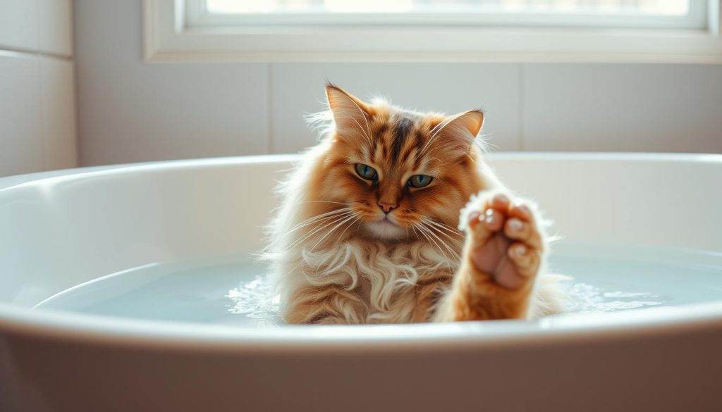 A long-haired cat relaxes in a cozy bathtub, paw submerged in warm, soapy water. Soft natural light filters through a window, casting a gentle glow on the feline's fluffy fur as it carefully grooms itself with a paw. The cat's attentive expression suggests a focused, meditative grooming session, with water droplets glistening on its whiskers. The tub is positioned against a minimalist, neutral-toned background, allowing the cat to be the central focus. The overall scene conveys a peaceful, intimate moment of a long-haired cat's bathing routine.
