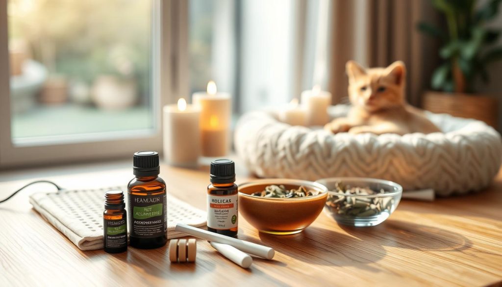 A serene, soft-focus image of various holistic pet care therapy options arrayed on a wooden surface. In the foreground, a heating pad, essential oils, and acupressure tools. The middle ground features calming candles, a plush pet bed, and a bowl of herbal supplements. In the background, a blurred view of a tranquil outdoor scene with gentle natural lighting filtering through a window. The overall mood is one of soothing, restorative care and wellness for the feline subject.