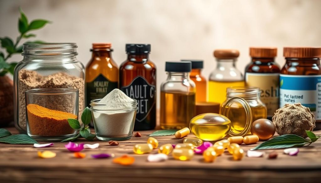 A visually striking still life depicting a collection of natural pet supplements for joint health. In the foreground, an arrangement of glass jars filled with powdered herbs, oils, and capsules, illuminated by soft, diffused lighting. The middle ground features a wooden surface with a few fresh leaves and flower petals, creating a sense of organic wellness. The background blurs into a neutral, earthy tone, allowing the natural products to take center stage. The overall composition conveys a sense of purity, care, and holistic approach to pet health, perfectly suited to illustrate the "Home Remedies for Joint Health" section of the article on maintaining joint health in large cats.