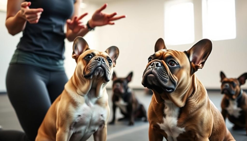 A French Bulldog sitting attentively, its expressive face focused on the human trainer in the foreground. The trainer, dressed in activewear, demonstrates a gentle breathing exercise, guiding the dog with calm, encouraging gestures. In the middle ground, other Bulldogs observe, their postures relaxed and engaged. The background features a spacious, well-lit training facility with soft, natural lighting filtering in, creating a serene, nurturing atmosphere conducive to the dogs' respiratory health and wellbeing.