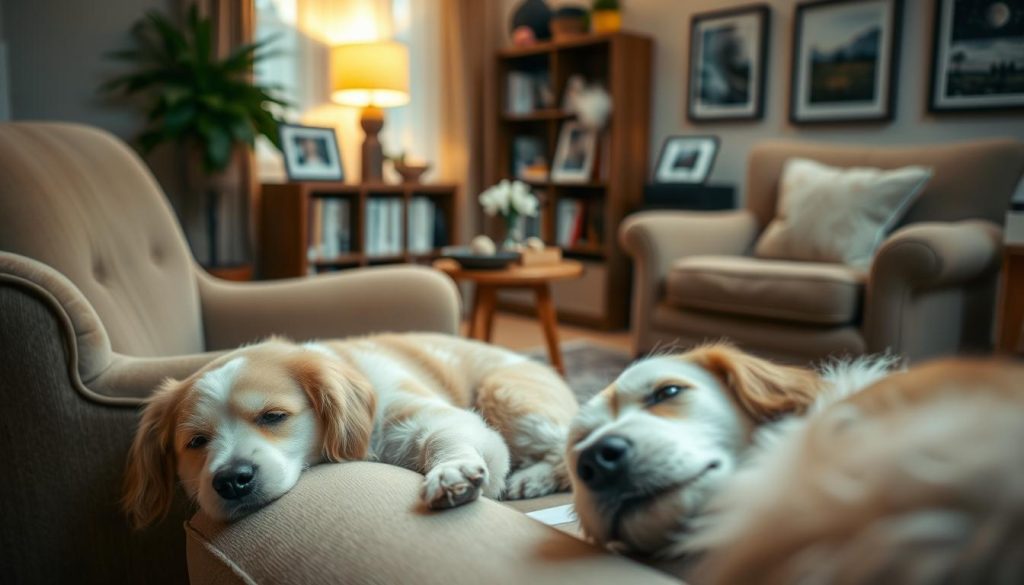 A cozy living room with a plush armchair and a peaceful ambiance. In the foreground, a content pet, freshly groomed and resting after a long journey, their eyes filled with tranquility. Soft, warm lighting casts a gentle glow, creating a soothing atmosphere. The middle ground features a small table with a bowl of fresh water and a few pet toys, signifying the care and attention given to the animal's well-being. In the background, a bookshelf and a few framed nature photographs suggest a harmonious, homely setting. The overall scene evokes a sense of comfort, safety, and the nurturing environment a pet deserves after returning from travel.