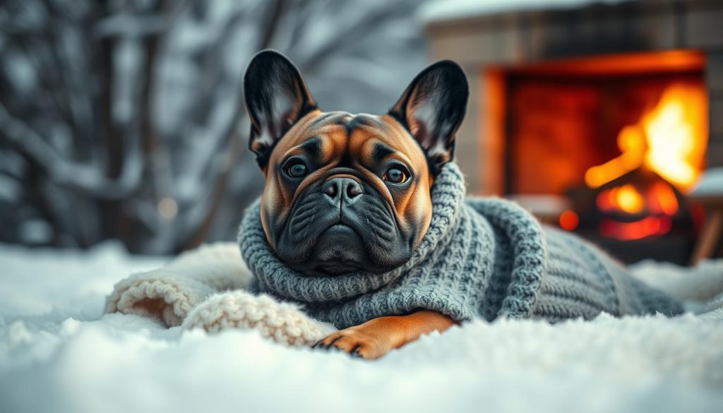 A cozy winter scene featuring a French Bulldog bundled up in a warm knit sweater, nestled comfortably on a soft, plush blanket. The dog's expressive face is illuminated by gentle, diffused lighting, capturing its content and relaxed demeanor. In the background, a snowy landscape with bare trees and a hint of a crackling fireplace creates a soothing, peaceful atmosphere. The depth of field is shallow, drawing the viewer's attention to the dog's adorable features. The overall mood is one of comfort, warmth, and the importance of proper winter care for this breed's unique respiratory needs.