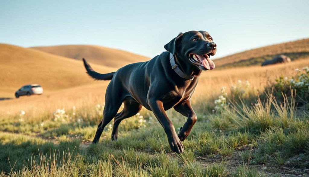 A lively scene of a well-muscled Labrador Retriever mid-stride, its powerful legs propelling it forward on a grassy, sun-dappled trail. The dog's expression is alert and energetic, its tongue lolling in the warm breeze. In the background, rolling hills dotted with wildflowers recede into a crisp, azure sky. Soft, diffuse lighting casts a natural glow, accentuating the animal's sleek, healthy coat. The composition is framed to emphasize the dog's dynamic movement and physical prowess, showcasing the breed's impressive genetic endowment for athleticism and stamina.