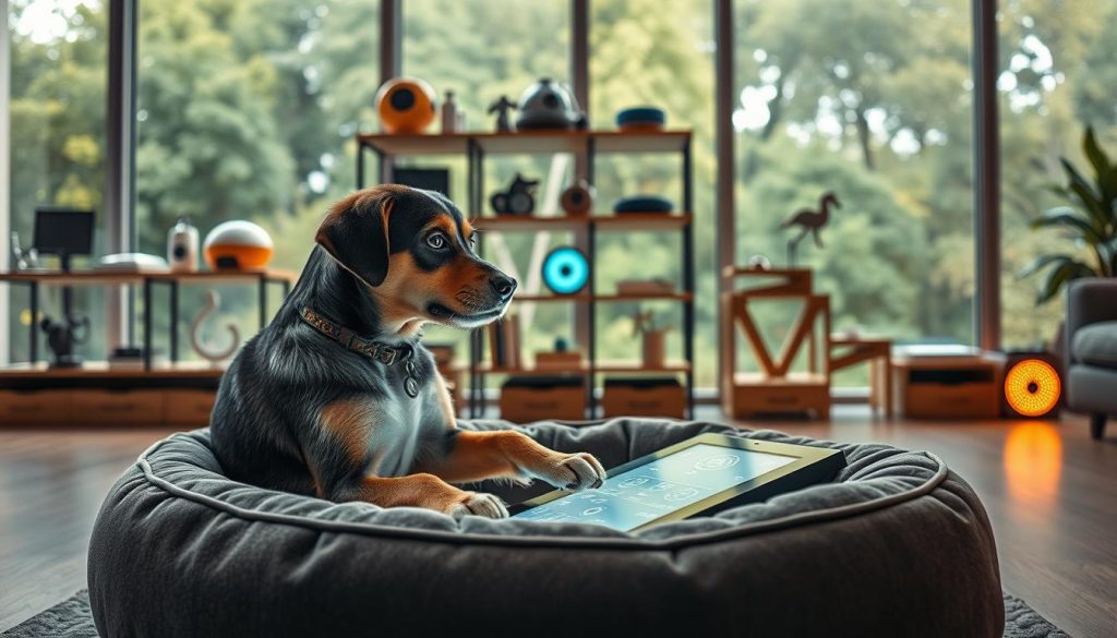A modern, well-lit home interior with a cozy dog bed positioned in the foreground. On the dog bed, a medium-sized dog interacts with a sleek, futuristic-looking touchscreen device, their paws delicately manipulating the interface. In the middle ground, shelves display an array of high-tech enrichment toys, sensors, and interactive puzzles. The background features large windows overlooking a lush, verdant outdoor scene, creating a serene, technology-infused atmosphere. Warm, diffused lighting casts a gentle glow, highlighting the dog's focused expression as they engage with the cutting-edge pet technology.
