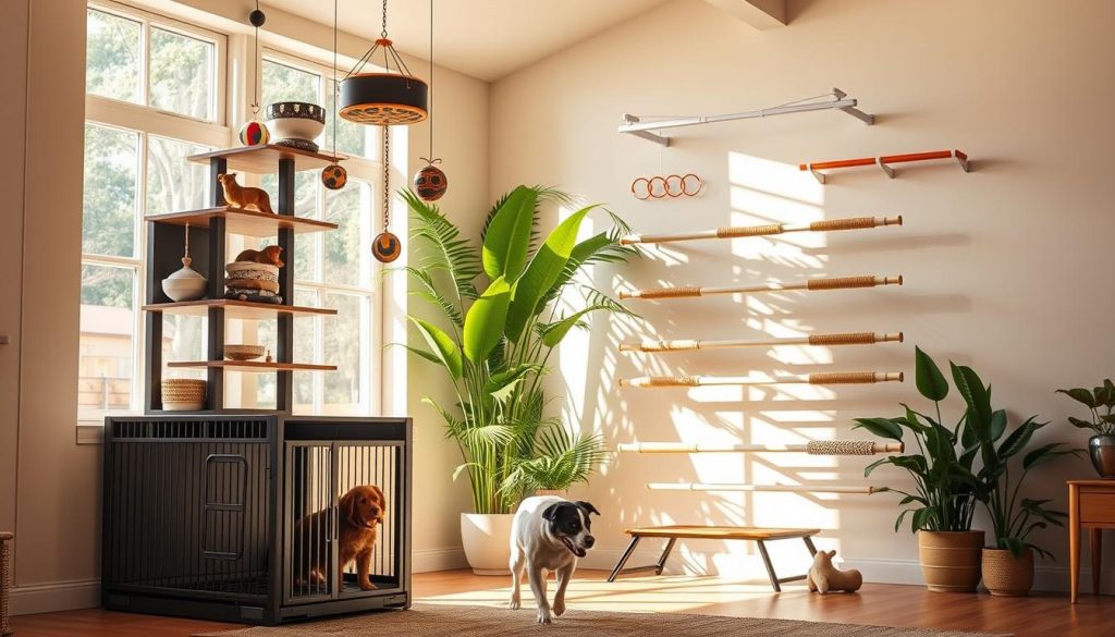 A sun-dappled indoor space, showcasing a cozy dog retreat with clever vertical fitness equipment. In the foreground, a sleek, modern dog crate doubles as a climbing tower, its sturdy shelves and ladders inviting exploration. Suspended from the ceiling, a series of adjustable puzzle feeders and treat-dispensing toys engage the dog's natural hunting instincts. In the middle ground, a wall-mounted agility course features textured platforms, hoops, and balance beams, encouraging the canine to navigate a challenging, enriching fitness regimen. The background features lush, verdant potted plants, casting a serene, nature-inspired ambiance. Warm, diffused lighting accentuates the scene, creating a harmonious, welcoming atmosphere for the dog's daily exercise and mental stimulation.