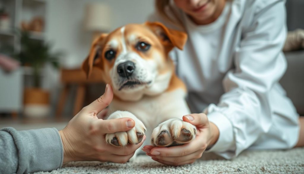 A warm, compassionate portrait of a pet owner gently examining their dog's paws, illustrating the importance of genetic awareness in canine wellness. The foreground features the owner's hands tenderly inspecting the dog's paws, radiating a sense of care and attentiveness. The middle ground showcases the dog's face, its expression conveying a sense of trust and comfort. In the background, a softly blurred domestic setting, such as a cozy living room or veterinary office, creates a nurturing atmosphere. Soft, diffused lighting casts a gentle glow, emphasizing the intimate connection between the owner and their beloved pet. The overall mood evokes a thoughtful, educational tone, highlighting the responsibility of pet owners to understand the genetic factors that influence their animal's well-being.