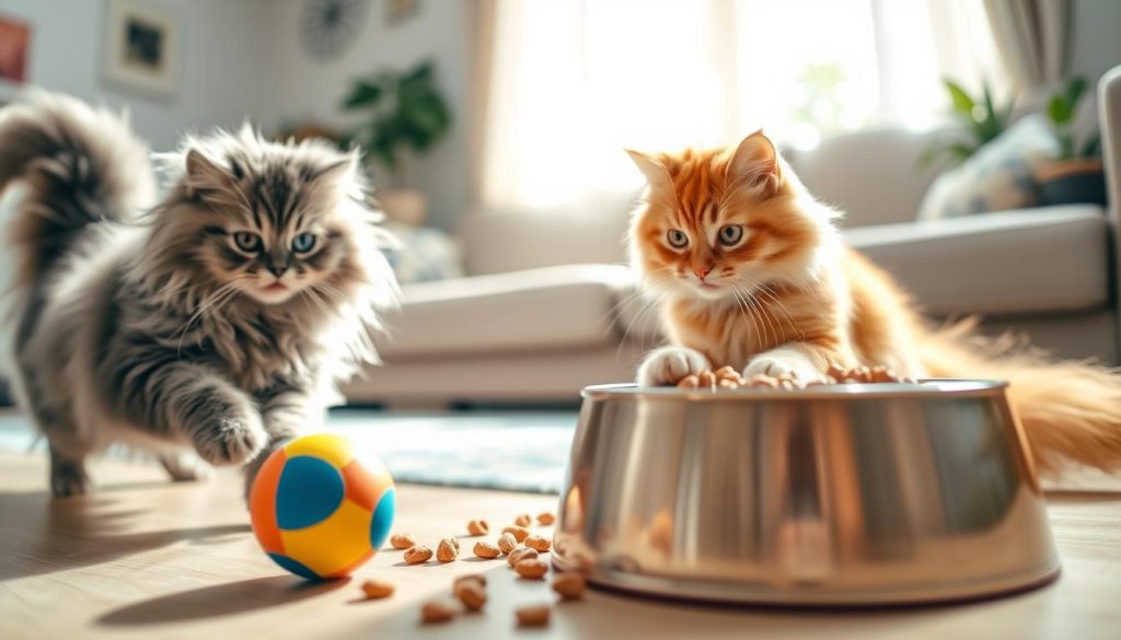 A charming scene of Maine Coon cats engaging in playful activities related to weight management. In the foreground, two fluffy Maine Coons, one gray and one orange, are playfully chasing a colorful ball that promotes exercise. In the middle ground, a cat food bowl is filled with healthy kibble, highlighting dietary strategies for weight management. The background captures a cozy living room with a soft, welcoming ambiance, featuring natural light streaming through a window, casting gentle shadows and illuminating the cats. The atmosphere is positive and uplifting, conveying a sense of well-being and vitality among the cats as they enjoy their playful and healthy lifestyles. The focus is sharp, with a slight blur in the background to emphasize the main subjects. A charming scene of Maine Coon cats engaging in playful activities related to weight management. In the foreground, two fluffy Maine Coons, one gray and one orange, are playfully chasing a colorful ball that promotes exercise. In the middle ground, a cat food bowl is filled with healthy kibble, highlighting dietary strategies for weight management. The background captures a cozy living room with a soft, welcoming ambiance, featuring natural light streaming through a window, casting gentle shadows and illuminating the cats. The atmosphere is positive and uplifting, conveying a sense of well-being and vitality among the cats as they enjoy their playful and healthy lifestyles. The focus is sharp, with a slight blur in the background to emphasize the main subjects.