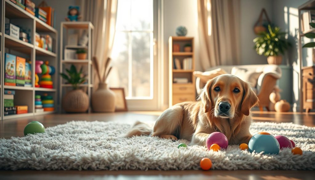 A serene indoor environment featuring a senior Golden Retriever engaging in interactive play with colorful, stimulating toys, symbolizing environmental enrichment. In the foreground, the dog is lying on a soft, plush rug, its fur slightly ruffled, with a gentle expression reflecting contentment and curiosity. The middle ground showcases shelves filled with brain games and puzzle toys, while a cozy reading nook with soft lighting creates a warm ambiance. In the background, a large window lets in natural sunlight, casting soft shadows that enhance the peaceful atmosphere. The scene exudes warmth and comfort, promoting a sense of well-being and cognitive stimulation for senior pets. The lighting is soft and inviting, resembling the golden hues of a late afternoon. A serene indoor environment featuring a senior Golden Retriever engaging in interactive play with colorful, stimulating toys, symbolizing environmental enrichment. In the foreground, the dog is lying on a soft, plush rug, its fur slightly ruffled, with a gentle expression reflecting contentment and curiosity. The middle ground showcases shelves filled with brain games and puzzle toys, while a cozy reading nook with soft lighting creates a warm ambiance. In the background, a large window lets in natural sunlight, casting soft shadows that enhance the peaceful atmosphere. The scene exudes warmth and comfort, promoting a sense of well-being and cognitive stimulation for senior pets. The lighting is soft and inviting, resembling the golden hues of a late afternoon.