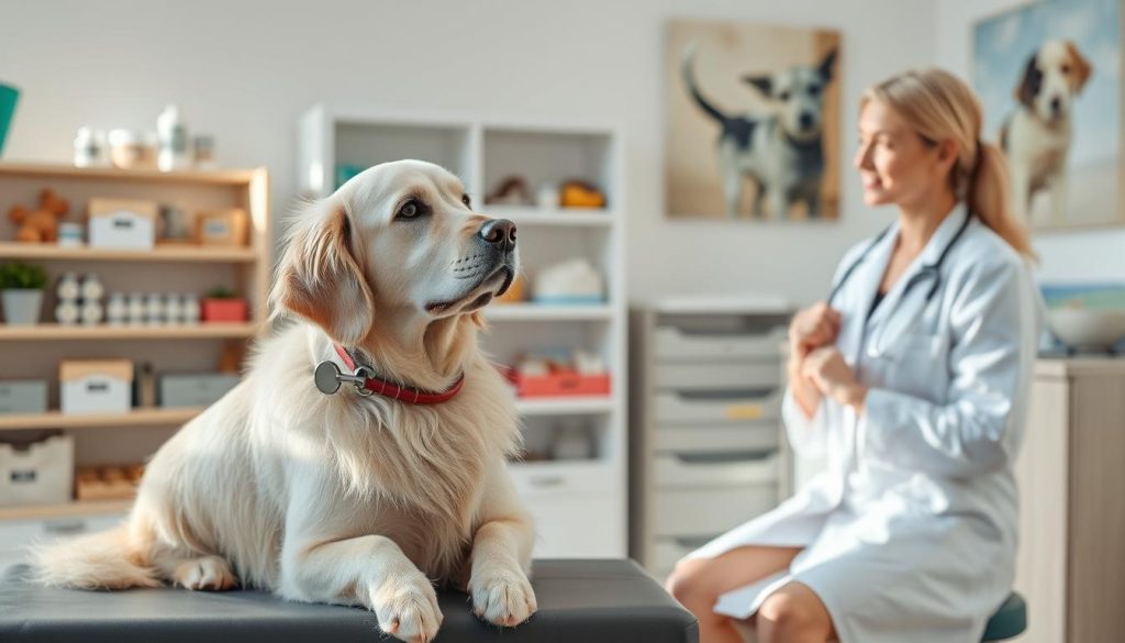 A serene veterinary office scene focused on a senior Golden Retriever being gently examined by a compassionate veterinarian. In the foreground, the attentive dog sits calmly on an examination table, showcasing its gray fur, signifying age. The middle ground features the veterinarian, a woman in a white lab coat, using a stethoscope, gazing thoughtfully at the dog, reflecting a caring demeanor. Soft, natural lighting floods the room, creating a warm, inviting atmosphere. In the background, shelves filled with pet wellness supplies and calming artwork of dogs contribute to the setting’s tranquility. The overall mood should convey a sense of care and professionalism, emphasizing the importance of monitoring cognitive health in aging pets. A serene veterinary office scene focused on a senior Golden Retriever being gently examined by a compassionate veterinarian. In the foreground, the attentive dog sits calmly on an examination table, showcasing its gray fur, signifying age. The middle ground features the veterinarian, a woman in a white lab coat, using a stethoscope, gazing thoughtfully at the dog, reflecting a caring demeanor. Soft, natural lighting floods the room, creating a warm, inviting atmosphere. In the background, shelves filled with pet wellness supplies and calming artwork of dogs contribute to the setting’s tranquility. The overall mood should convey a sense of care and professionalism, emphasizing the importance of monitoring cognitive health in aging pets.