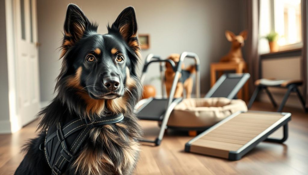 A warm and inviting indoor space showcasing a variety of mobility aids designed for senior German Shepherds. In the foreground, feature a supportive harness fitted snugly on a fluffy black and tan German Shepherd, its eyes bright with curiosity. In the middle ground, display a range of mobility devices such as a walking frame, elevated dog bed, and a set of sturdy ramps, all crafted in pet-friendly materials and ergonomic designs. The background should subtly include soft, natural light filtering through a window, creating a cozy atmosphere. Capture the scene with a wide-angle lens to emphasize the comfort and functionality of the aids, while conveying a sense of support and care for aging pets. The overall mood should be uplifting and nurturing, promoting a sense of well-being for pets. A warm and inviting indoor space showcasing a variety of mobility aids designed for senior German Shepherds. In the foreground, feature a supportive harness fitted snugly on a fluffy black and tan German Shepherd, its eyes bright with curiosity. In the middle ground, display a range of mobility devices such as a walking frame, elevated dog bed, and a set of sturdy ramps, all crafted in pet-friendly materials and ergonomic designs. The background should subtly include soft, natural light filtering through a window, creating a cozy atmosphere. Capture the scene with a wide-angle lens to emphasize the comfort and functionality of the aids, while conveying a sense of support and care for aging pets. The overall mood should be uplifting and nurturing, promoting a sense of well-being for pets.