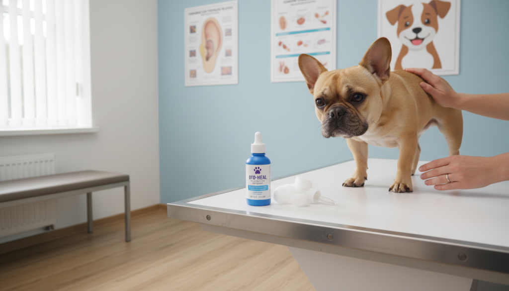 A clean, well-lit veterinary consultation room, showcasing a small table in the foreground where a bottle of ear medication sits prominently, next to a small dropper and cotton balls. In the middle ground, there is a concerned French Bulldog with its ears slightly perked up, looking toward the medication, illustrating the topic of ear treatment. The background features veterinary posters about ear care and treatment for dogs, subtly hinting at professionalism. Soft, natural light streams in from a nearby window, creating a calm and reassuring atmosphere. The image is taken from a slight angle to emphasize both the medication and the dog, promoting a sense of trust and care in the treatment process. A clean, well-lit veterinary consultation room, showcasing a small table in the foreground where a bottle of ear medication sits prominently, next to a small dropper and cotton balls. In the middle ground, there is a concerned French Bulldog with its ears slightly perked up, looking toward the medication, illustrating the topic of ear treatment. The background features veterinary posters about ear care and treatment for dogs, subtly hinting at professionalism. Soft, natural light streams in from a nearby window, creating a calm and reassuring atmosphere. The image is taken from a slight angle to emphasize both the medication and the dog, promoting a sense of trust and care in the treatment process.
