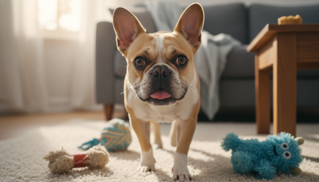A concerned French Bulldog with droopy ears and wide-open eyes displaying signs of stress, such as panting and pacing, takes center stage in the foreground. The dog's fur is a mix of fawn and white, and its expression conveys worry. In the middle ground, soft toys scattered around hint at a chaotic environment, emphasizing the dog's anxiety. The background features a cozy living room setting with warm, natural lighting streaming through a window, creating a calm yet slightly tense atmosphere. The overall mood should balance concern and empathy, showcasing the affection pet owners have for their stressed Frenchie while highlighting the importance of recognizing these signs. Use a close-up angle to capture the dog's expression effectively. A concerned French Bulldog with droopy ears and wide-open eyes displaying signs of stress, such as panting and pacing, takes center stage in the foreground. The dog's fur is a mix of fawn and white, and its expression conveys worry. In the middle ground, soft toys scattered around hint at a chaotic environment, emphasizing the dog's anxiety. The background features a cozy living room setting with warm, natural lighting streaming through a window, creating a calm yet slightly tense atmosphere. The overall mood should balance concern and empathy, showcasing the affection pet owners have for their stressed Frenchie while highlighting the importance of recognizing these signs. Use a close-up angle to capture the dog's expression effectively.