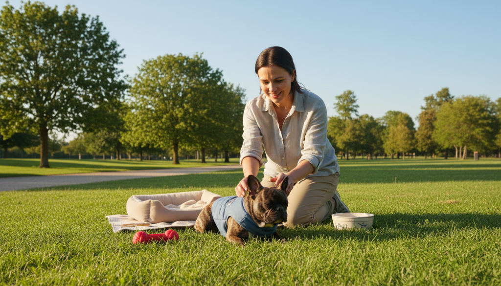A serene park setting with a French Bulldog sitting comfortably on a soft, grassy area in the foreground, wearing a calming anxiety vest. Nearby, a pet owner, dressed in casual attire, gently engages with the dog, using positive reinforcement, like treats and soothing gestures. In the middle ground, various calming elements such as a colorful toy, a plush bed, and a water bowl are visible, emphasizing comfort and care. The background features lush trees and a clear blue sky, creating a peaceful atmosphere. The lighting is warm and soft, highlighting the bond between the dog and the owner, conveying a sense of security and relaxation. The overall mood is calm, supportive, and nurturing, focused on building confidence and reducing stress in dogs. A serene park setting with a French Bulldog sitting comfortably on a soft, grassy area in the foreground, wearing a calming anxiety vest. Nearby, a pet owner, dressed in casual attire, gently engages with the dog, using positive reinforcement, like treats and soothing gestures. In the middle ground, various calming elements such as a colorful toy, a plush bed, and a water bowl are visible, emphasizing comfort and care. The background features lush trees and a clear blue sky, creating a peaceful atmosphere. The lighting is warm and soft, highlighting the bond between the dog and the owner, conveying a sense of security and relaxation. The overall mood is calm, supportive, and nurturing, focused on building confidence and reducing stress in dogs.