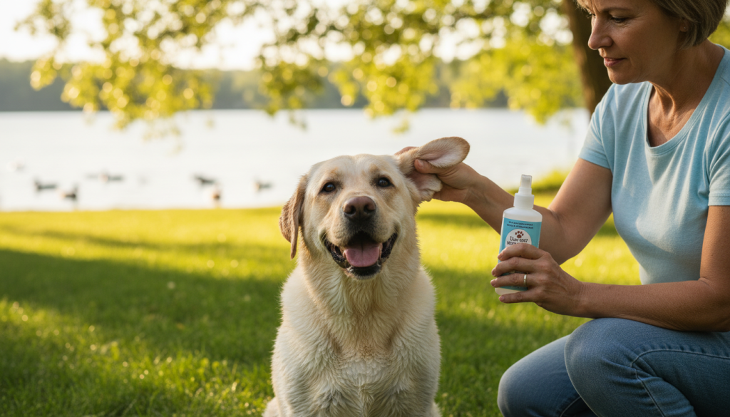A close-up of a cheerful yellow Labrador Retriever sitting on a grassy field after swimming, attentively having its ears inspected by a caring pet owner in casual attire. The dog’s ears are damp, with a gentle sunlight filtering through the trees, casting a warm glow on the scene. The owner, a middle-aged person wearing a light blue shirt and jeans, holds a dog-safe ear cleaner bottle in one hand while gently cupping the dog's ears with the other, demonstrating proper ear care. In the background, a calm lake glistens softly under the sun, with a few ducks swimming peacefully. The mood is serene and nurturing, emphasizing the importance of ear care and prevention of infections in playful swimming Labs.