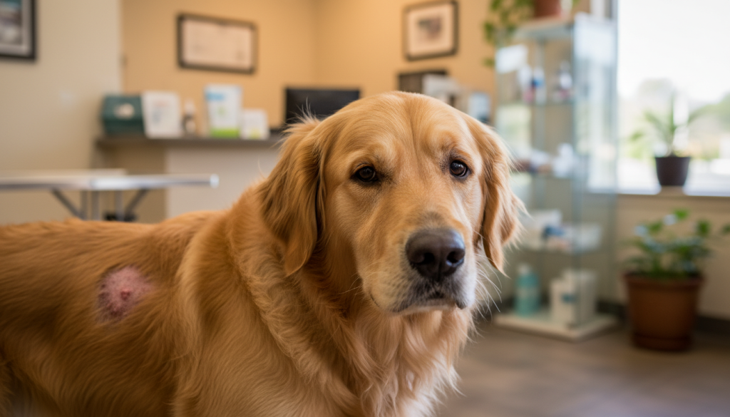 A close-up of a golden retriever with hot spots on its fur, showcasing red, inflamed patches on its back and hind legs, highlighting the affected areas. The dog appears uncomfortable, with its ears slightly back and a worried expression. In the background, a softly blurred vet clinic setting adds context, featuring warm lighting and subtle hints of medical equipment. The foreground captures the dog's fluffy fur in detail, emphasizing the contrast between healthy and irritated skin. Use natural lighting to create a serene atmosphere, making the viewer empathize with the dog's plight. The focus should be on the dog's condition, leaving out any distracting elements while maintaining the overall calmness of the scene.