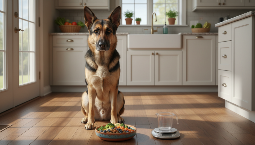 A powerful, muscular German Shepherd sits proudly in a bright, sunlit kitchen, its sleek coat gleaming with health. The foreground features a colorful, balanced meal portion on a vibrant ceramic plate, showcasing high-protein dog food mixed with fresh vegetables. The dog's alert eyes and attentive posture convey focus and discipline as it looks towards the food. In the middle ground, a measuring cup and a scale are visible, emphasizing the theme of portion control. In the background, a cozy, well-organized kitchen with soft natural light streaming through a window creates a warm and inviting atmosphere. The overall mood is one of strength and vitality, showcasing the importance of proper nutrition for energetic dogs.