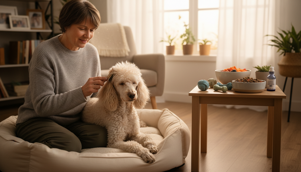A serene indoor scene depicting a senior poodle being pampered as part of its care routine. In the foreground, a gently aging poodle with a fluffy, well-groomed coat is sitting comfortably on a plush dog bed, receiving gentle grooming from a caring person dressed in modest casual clothing. In the middle ground, a variety of pet care items such as soft brushes, chew toys for joint support, and a bowl of healthy dog food are neatly arranged on a side table. The background features warm, natural lighting streaming through a window, casting a soft glow that enhances the cozy atmosphere of the space. The mood is peaceful and nurturing, emphasizing a loving relationship between the poodle and its owner, reflecting the importance of senior pet care.