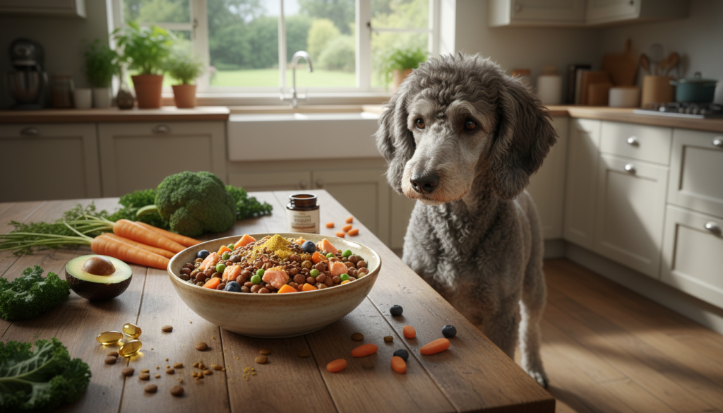 A serene kitchen setting featuring a stylish bowl filled with high-quality senior dog food, rich in nutrients and carefully formulated for aging dogs. In the foreground, the bowl is centered on a wooden table with a few scattered, colorful vegetables and supplements that highlight healthy ingredients. In the middle, a curious senior poodle with a grey muzzle gazes at the food, embodying a sense of vitality and care. Soft, natural light filters through a window in the background, casting gentle shadows that enhance the cozy atmosphere. The scene conveys a mood of warmth and affection, emphasizing the importance of a thoughtful, nutritious diet for senior pets.