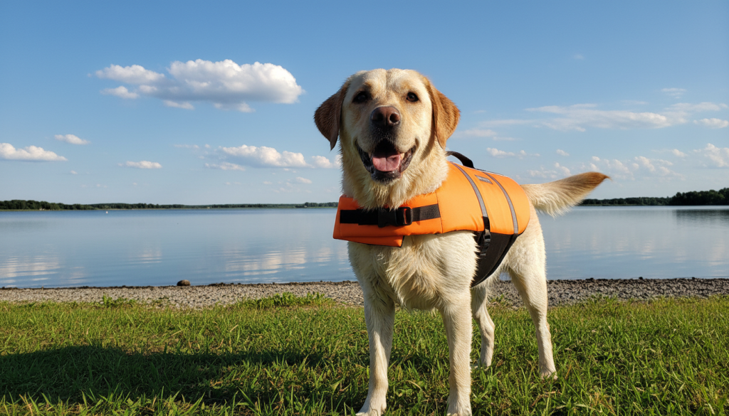 A vibrant scene featuring a cheerful Labrador retriever wearing a bright orange life jacket designed for dogs. The dog should be in the foreground, demonstrating readiness for a swim, with water droplets glistening on its coat. In the middle ground, a calm lake can be seen, reflecting a clear blue sky dotted with fluffy white clouds. On the shore, lush green grass and a few scattered pebbles add texture to the landscape. Soft, warm sunlight bathes the entire scene, creating a joyful and safe atmosphere. The image should be captured from a low angle close to the dog, highlighting the importance of swim gear in promoting water safety for dogs.